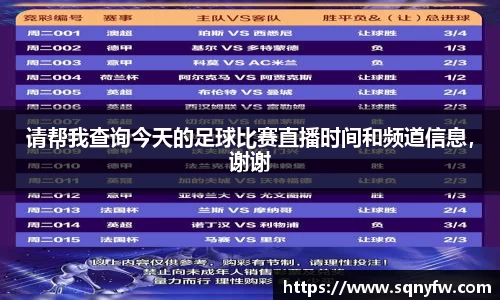 请帮我查询今天的足球比赛直播时间和频道信息，谢谢